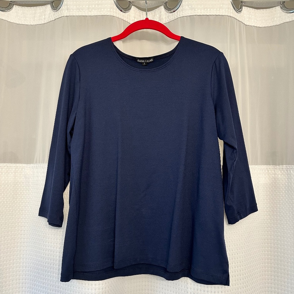 A'Nue Linge stretch top, large, navy blue, 3/4 sleeve